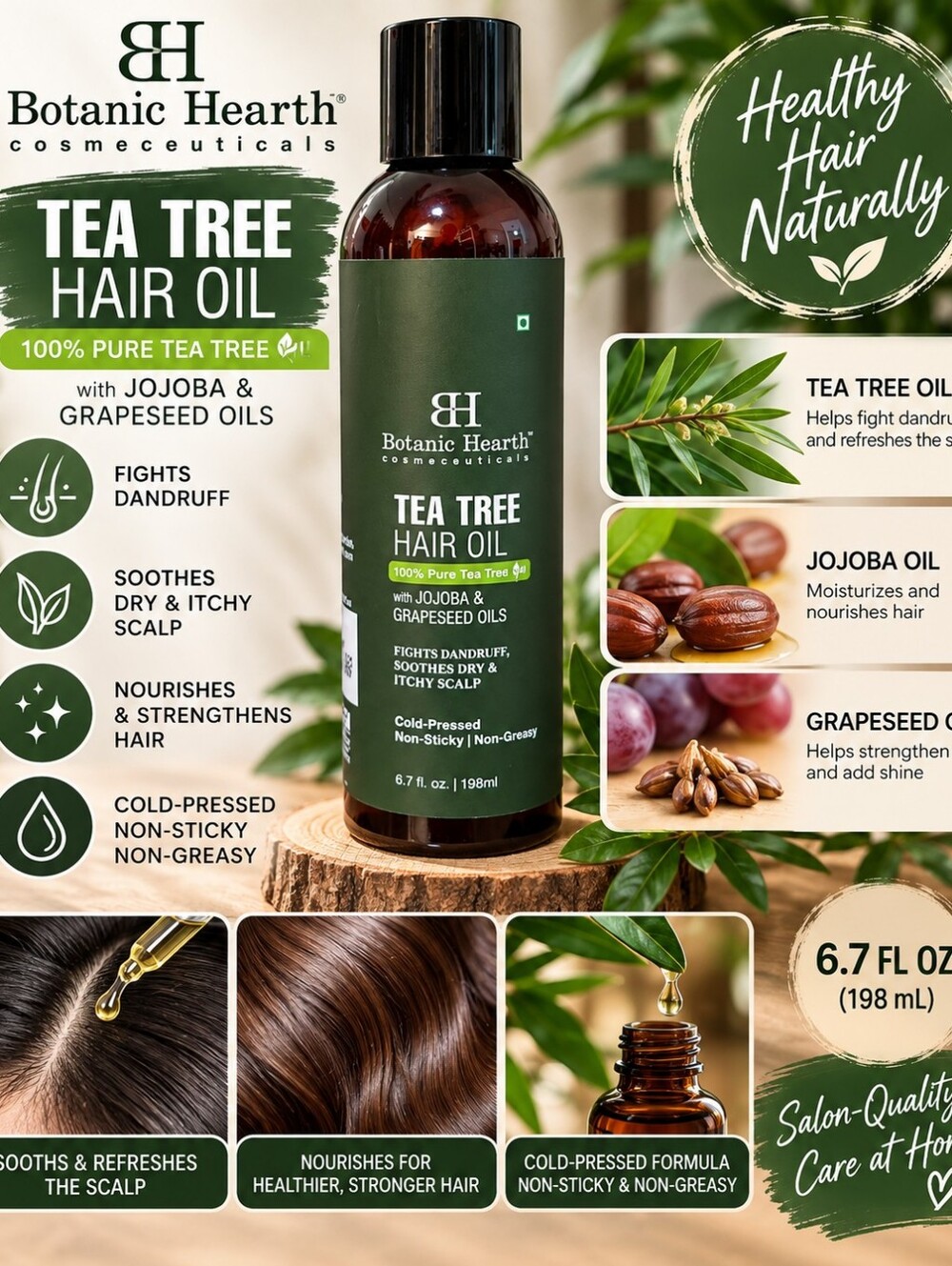 Botanic Hearth Tea Tree Hair Oil Jojoba & Grapeseed 6.7 oz